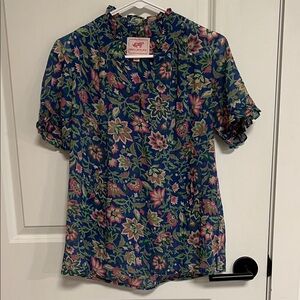 Banjanan Blue Short-Sleeve Ruffle Neck Top